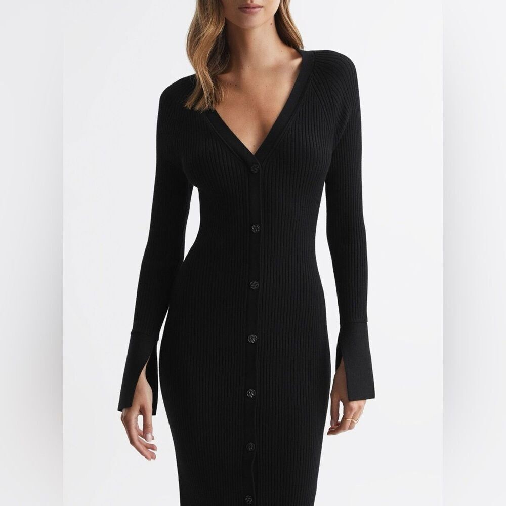 Reiss Avery Black Elegant Button-Down Ribbed Knit Midi Dress Size Med